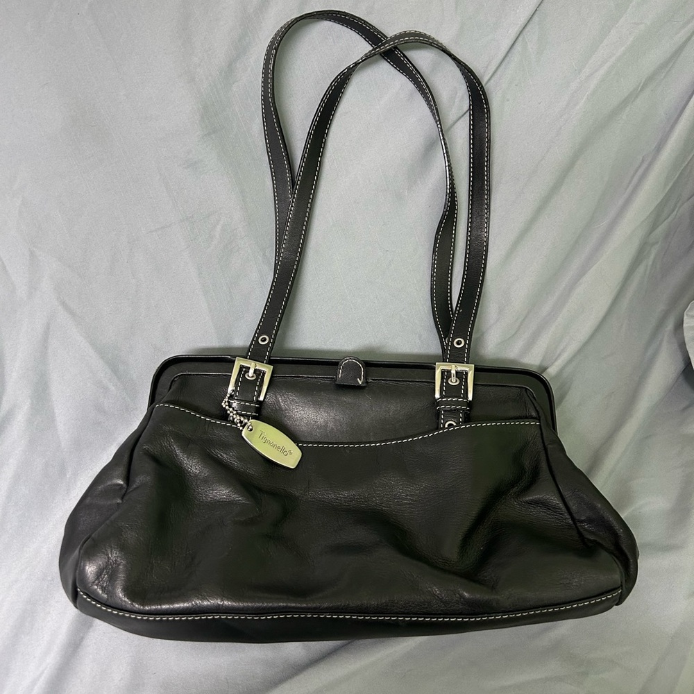 Tignanello Vintage Black Genuine Leather Purse​ Unique Closure